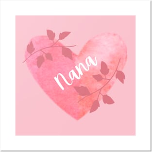 "Nana" Pink Heart with Leaves Posters and Art